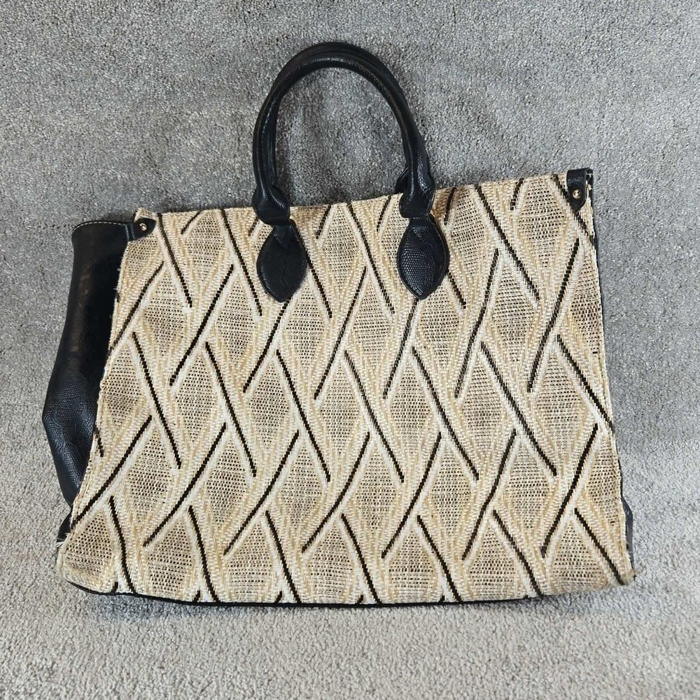 Caroline Hill Handbag Beige Black Geometric Woven Snakeskin Trim Womens